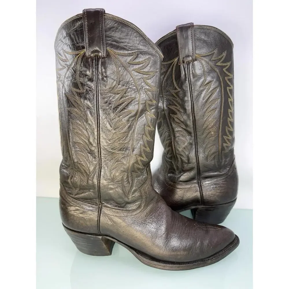 Justin True Vintage 70s White Label Fort Worth Cowboy Boots Brown Leather 9D USA